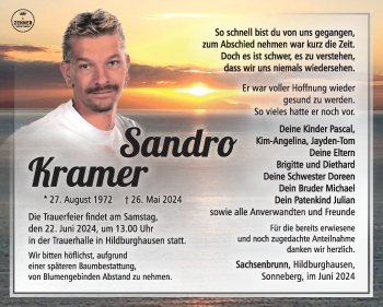 Traueranzeige von Sandro Kramer von Südthüringer Presse