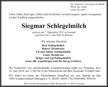 Traueranzeige von Siegmar Schlegelmilch von Südthüringer Presse
