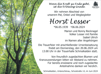 Traueranzeige von Horst Lesser von Südthüringer Presse