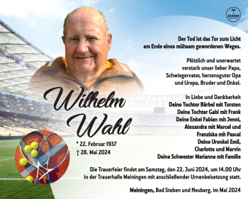 Traueranzeige von Wilhelm Wahl von Südthüringer Presse