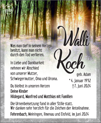 Traueranzeige von Walli Koch von Südthüringer Presse
