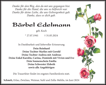 Traueranzeige von Bärbel Edelmann von Südthüringer Presse