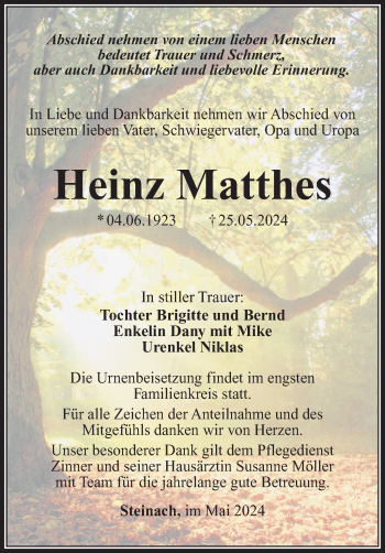 Traueranzeige von Heinz Matthes von Südthüringer Presse
