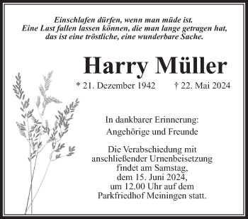 Traueranzeige von Harry Müller von Südthüringer Presse
