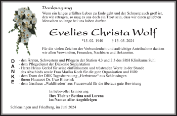 Traueranzeige von Evelies Wolf von Südthüringer Presse