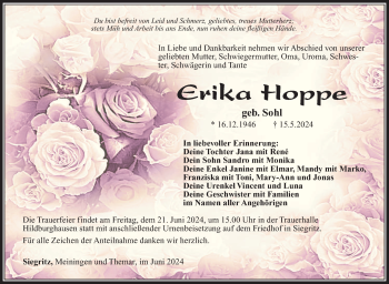 Traueranzeige von Erika Hoppe von Südthüringer Presse