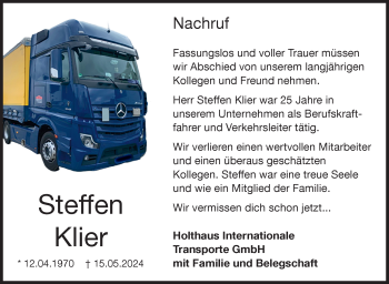 Traueranzeige von Steffen Klier von Frankenpost