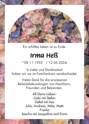 Traueranzeige von Irma Heß von Südthüringer Presse