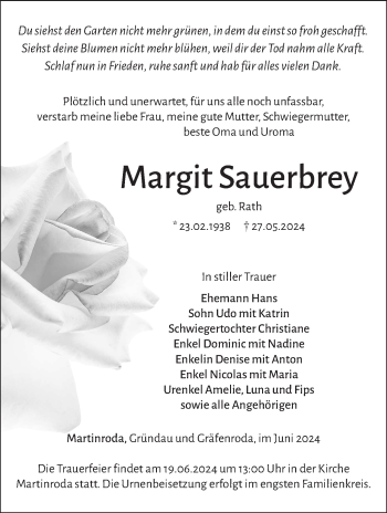 Traueranzeige von Margit Sauerbrey von Südthüringer Presse