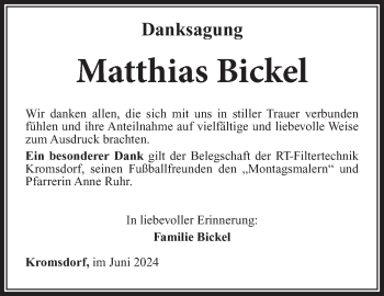 Traueranzeige von Matthias Bickel von Südthüringer Presse