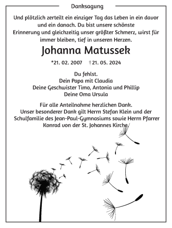 Traueranzeige von Johanna Matussek von Frankenpost