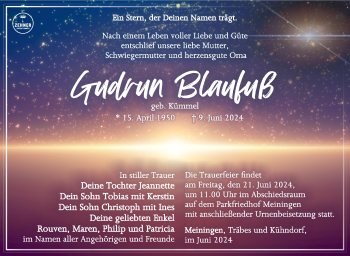Traueranzeige von Gudrun Blaufuß von Südthüringer Presse