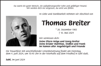 Traueranzeige von Thomas Breiter von Südthüringer Presse