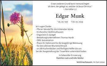 Traueranzeige von Edgar Munk von Südthüringer Presse