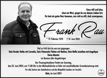 Traueranzeige von Frank Rau von Südthüringer Presse