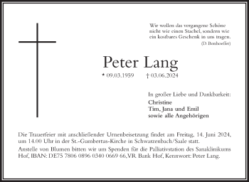 Traueranzeige von Peter Lang von Frankenpost