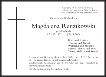 Traueranzeige von Magdalena Renzikowski von Frankenpost