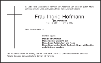 Traueranzeige von Ingrid Hofmann von Frankenpost
