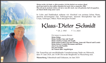 Traueranzeige von Klaus-Dieter Schmidt von Südthüringer Presse