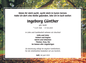 Traueranzeige von Ingeborg Günther von Südthüringer Presse