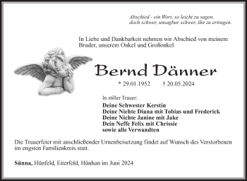 Traueranzeige von Bernd Dänner von Südthüringer Presse