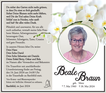 Traueranzeige von Beate Braun von Südthüringer Presse