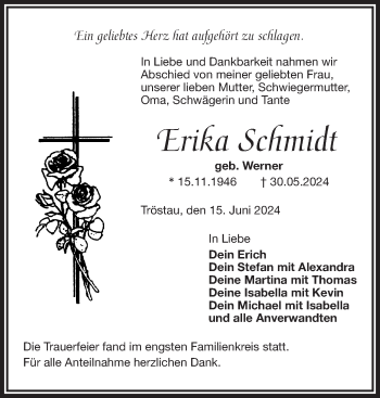 Traueranzeige von Erika Schmidt von Frankenpost