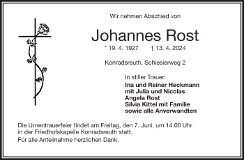 Traueranzeige von Johannes Rost von Frankenpost