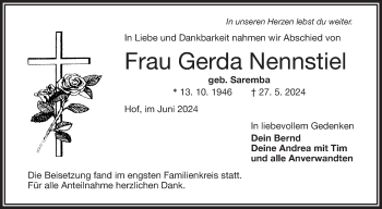 Traueranzeige von Gerda Nennstiel von Frankenpost