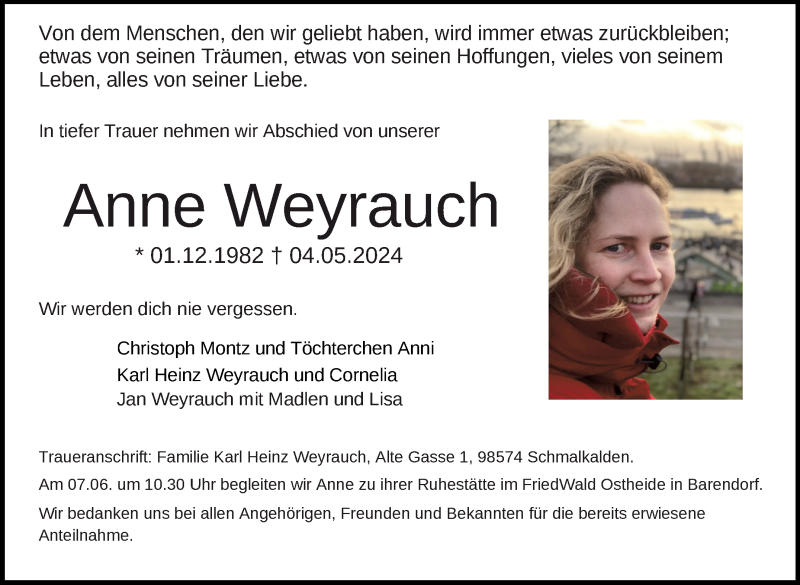  Traueranzeige für Anne Weyrauch vom 01.06.2024 aus Südthüringer Presse