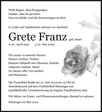 Traueranzeige von Grete Franz von Südthüringer Presse