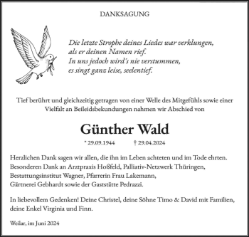 Traueranzeige von Günther Wald von Südthüringer Presse