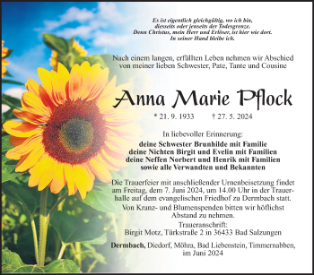 Traueranzeige von Anna Marie Pflock von Südthüringer Presse
