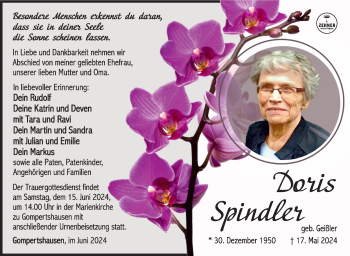 Traueranzeige von Doris Spindler von Südthüringer Presse