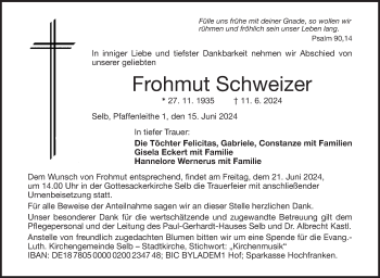 Traueranzeige von Frohmut Schweiter von Frankenpost