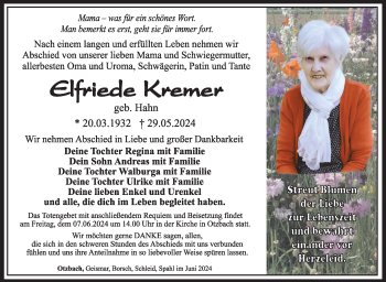 Traueranzeige von Elfriede Kremer von Südthüringer Presse