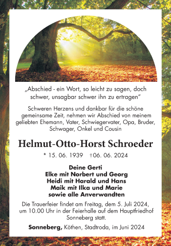 Traueranzeige von Helmut-Otto-Horst Schröder von Südthüringer Presse