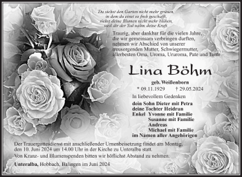 Traueranzeige von Lina Böhm von Südthüringer Presse