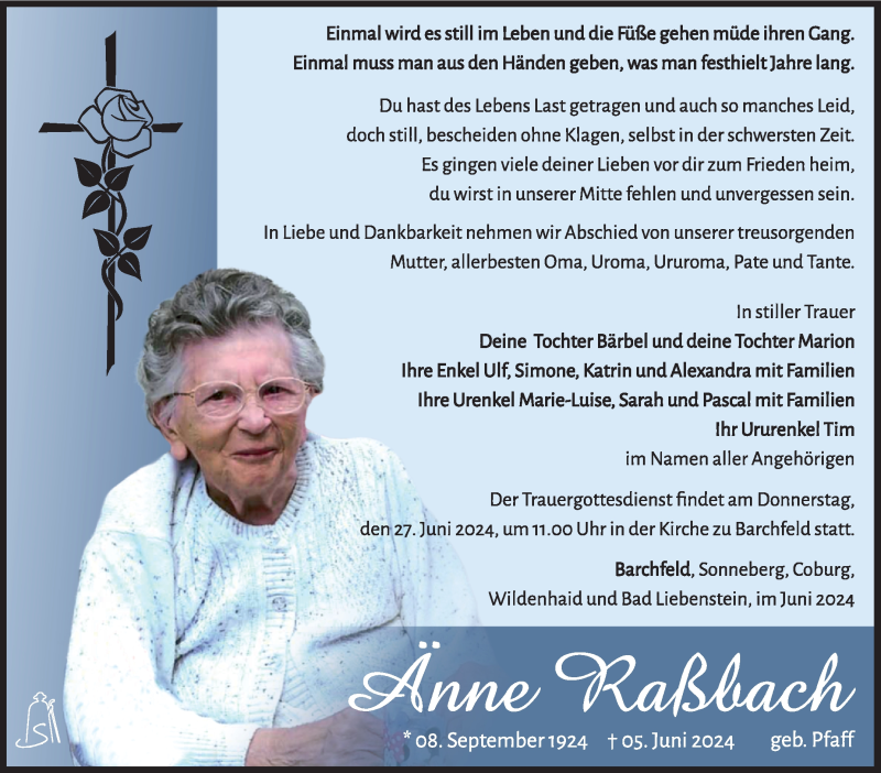  Traueranzeige für Änne Raßbach vom 22.06.2024 aus Südthüringer Presse