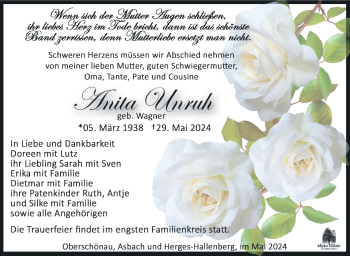 Traueranzeige von Anita Unruh von Südthüringer Presse