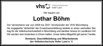 Traueranzeige von Lothar Böhm von Frankenpost