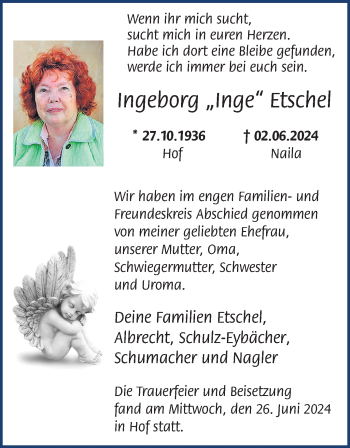 Traueranzeige von Ingeborg Etschel von Frankenpost
