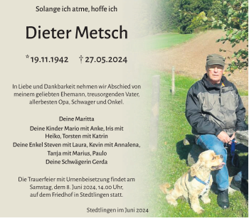 Traueranzeige von Dieter Metsch von Südthüringer Presse