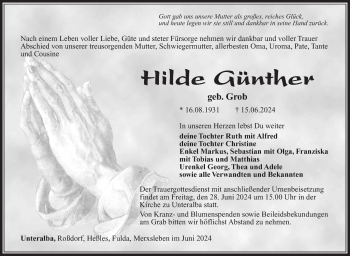Traueranzeige von Hilde Günther von Südthüringer Presse