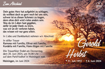Traueranzeige von Gerold Herbst von Südthüringer Presse
