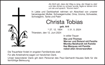 Traueranzeige von Christa Tobias von Frankenpost