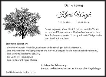 Traueranzeige von Klaus Weyh von Südthüringer Presse