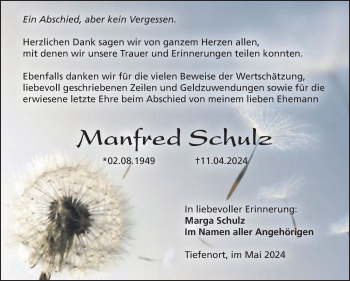 Traueranzeige von Manfred Schulz von Südthüringer Presse