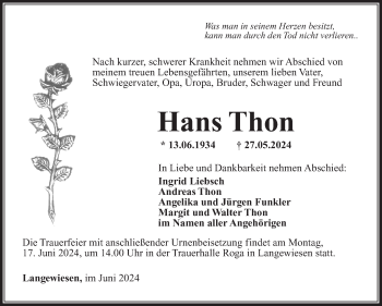 Traueranzeige von Hans Thon von Südthüringer Presse