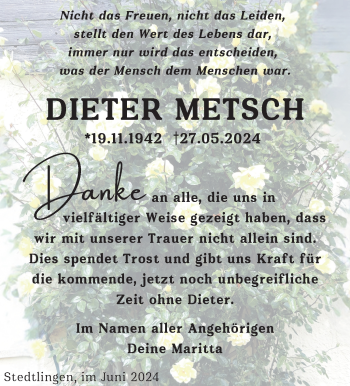 Traueranzeige von Dieter Metsch von Südthüringer Presse